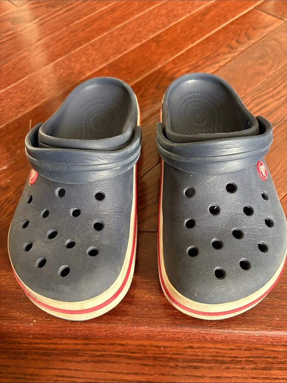 CROCS Kids Navy Clogs with Red and White Trim